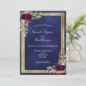Navy blue goudfloral burgundy bruiloft kaart (Staand voorkant)