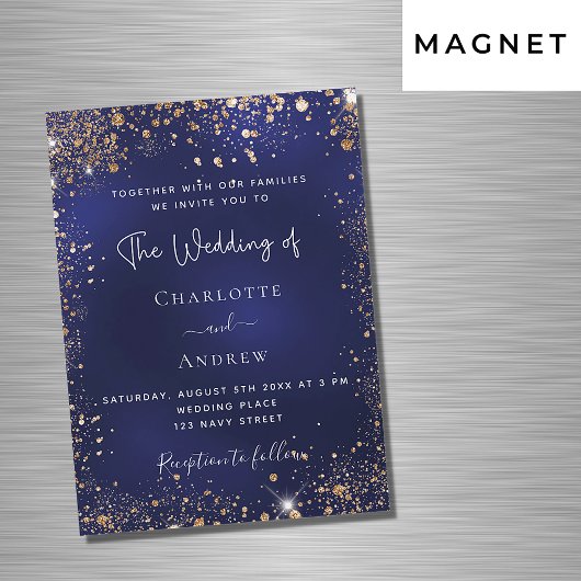Navy blue goudglitter luxueuze bruiloft magnetische uitnodiging
