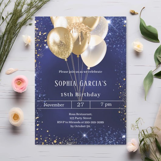 Navy blue goudglitter sparkle ballonnen verjaardag kaart
