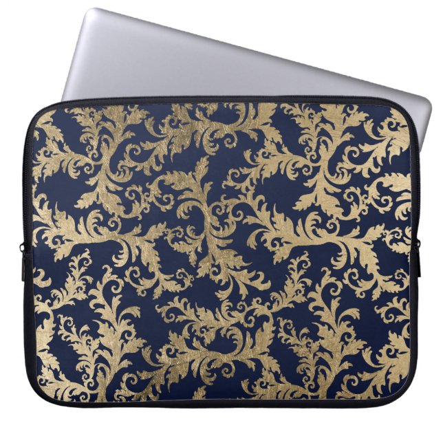 Navy blue goudkleurige  glazen damp laptop sleeve (Voorkant)
