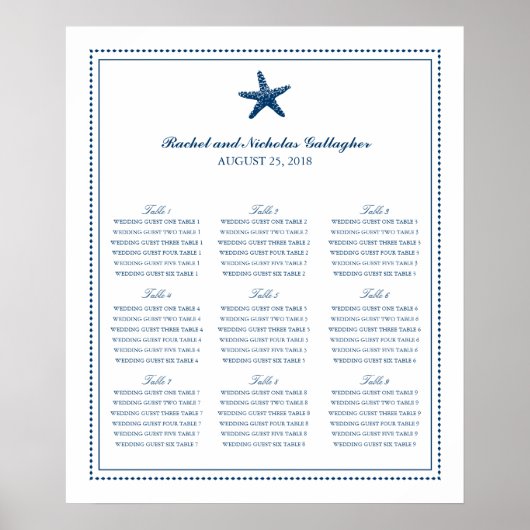 Navy Blue Graceful Starfish 20 x 24 Seating Chart Poster (Voorkant)