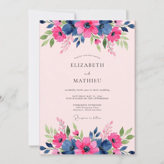 Navy Blue Gracious Spring Wedding Kaart (Voorkant)