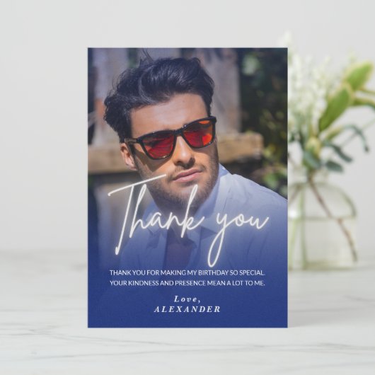 Navy blue Gradient Photo Birthday Thank you card Kaart (Staand voorkant)