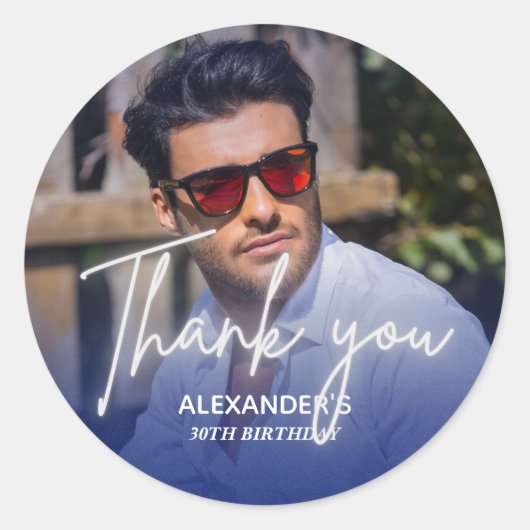 Navy blue Gradient Photo Birthday Thank you Ronde Sticker (Voorkant)
