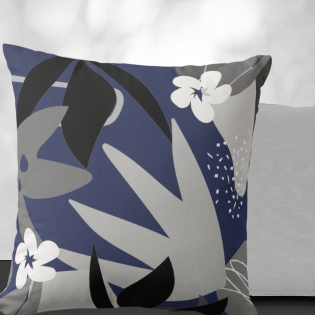 Navy Blue & Gray Artistic Abstract Floral Pattern Kussen (Creator heeft geüpload)