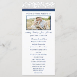 Navy Blue Gray Damask Photo Wedding Program Programmakaart