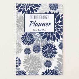Navy Blue Gray Floral Monogram Planner