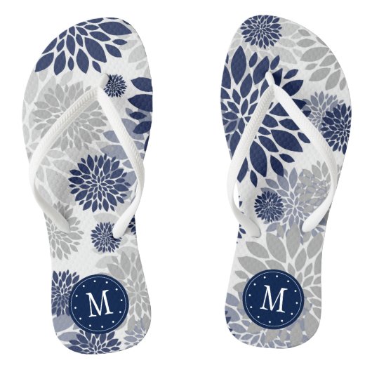 Navy Blue Gray Floral Monogram Teenslippers (Voetbed)
