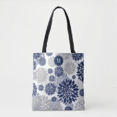Navy Blue Gray Floral Monogram Tote Bag (Voorkant)