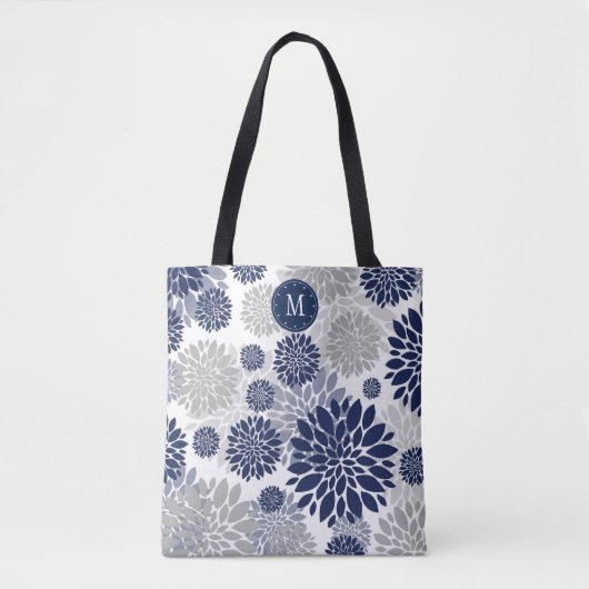 Navy Blue Gray Floral Monogram Tote Bag (Voorkant)