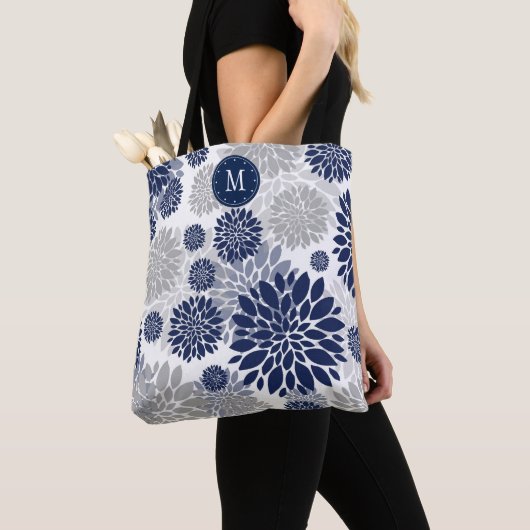 Navy Blue Gray Floral Monogram Tote Bag (Dichtbij)