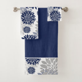 Navy Blue Gray Flower Pattern Bad Handdoek
