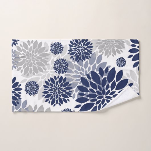Navy Blue Gray Flower Pattern Bad Handdoek (Handdoek)