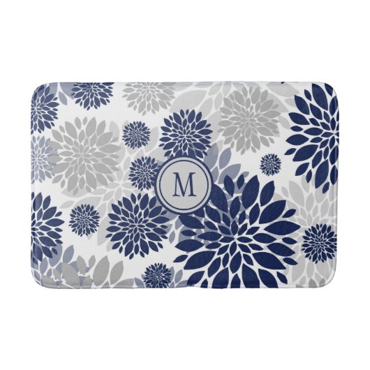 Navy Blue Gray Flower Pattern Badmat (Voorkant)