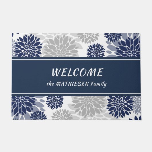 Navy Blue Gray Flower Pattern Deurmat (Voorkant)