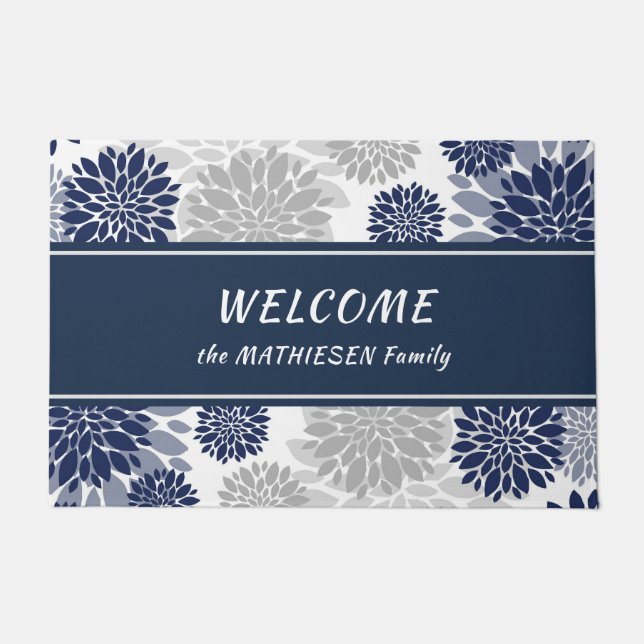 Navy Blue Gray Flower Pattern Deurmat (Voorkant)