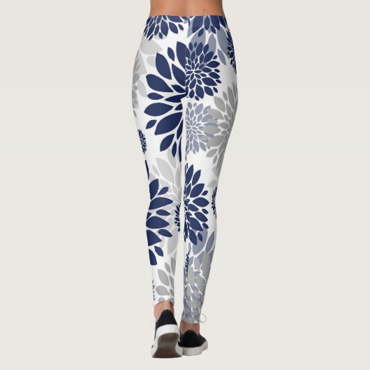 Navy Blue Gray Flower Pattern Leggings (Achterkant)