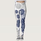 Navy Blue Gray Flower Pattern Leggings (Voorkant)