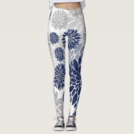 Navy Blue Gray Flower Pattern Leggings
