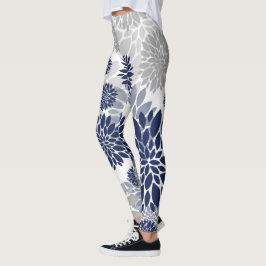 Navy Blue Gray Flower Pattern Leggings