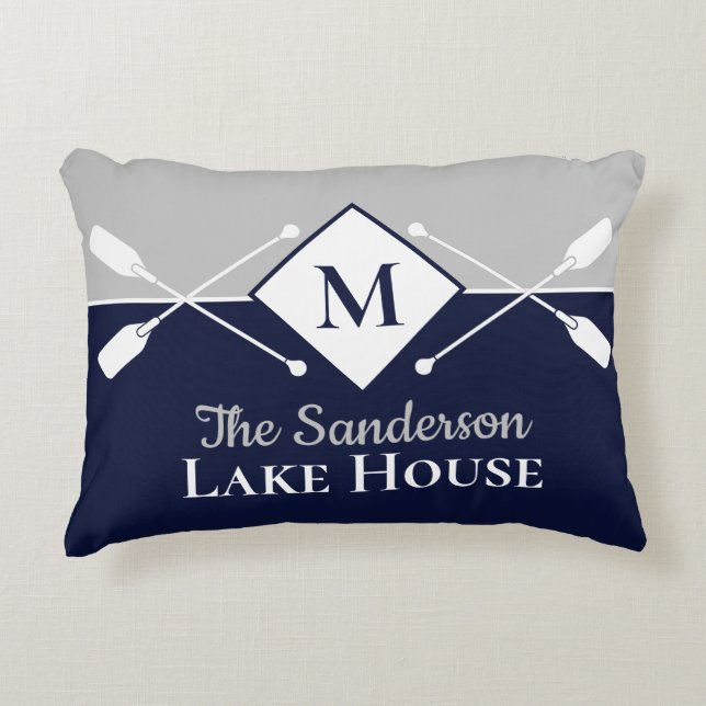 Navy Blue Gray Monogram Paddle Lake House Accent Kussen (Voorkant)