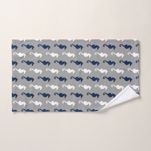 Navy Blue Gray Seahorse Pattern Bad Handdoek (Handdoek)
