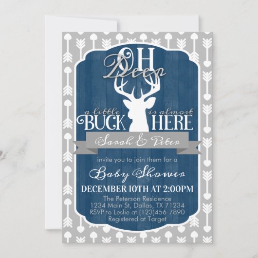 Navy Blue Gray Tribal Deer Baby shower Invitation Kaart (Voorkant)