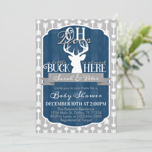 Navy Blue Gray Tribal Deer Baby shower Invitation Kaart (Staand voorkant)