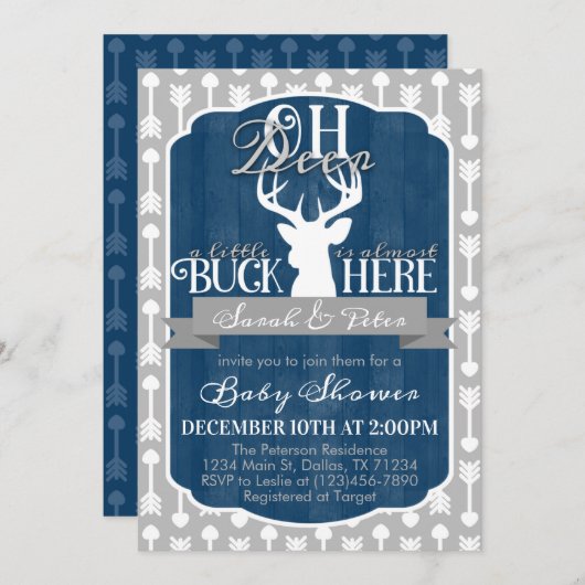 Navy Blue Gray Tribal Deer Baby shower Invitation Kaart (Voorkant / Achterkant)