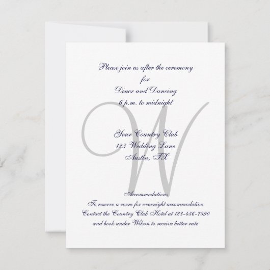 Navy Blue Gray Wedding Reception Kaart (Achterkant)