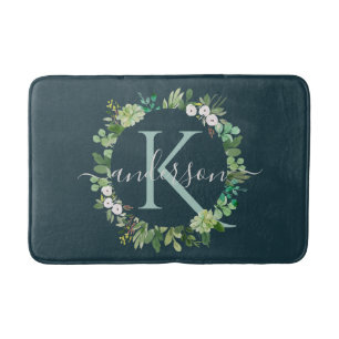 NAVY BLUE GRAY WREATH FOLIAGE WATERVERF MONOGRAM BADMAT