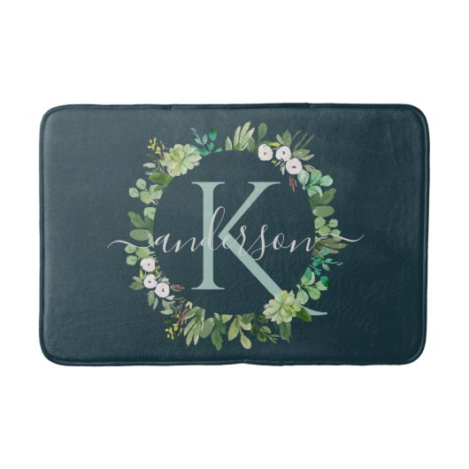 NAVY BLUE GRAY WREATH FOLIAGE WATERVERF MONOGRAM BADMAT (Voorkant)