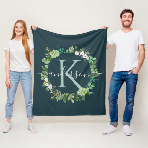 NAVY BLUE GRAY WREATH FOLIAGE WATERVERF MONOGRAM FLEECE DEKEN