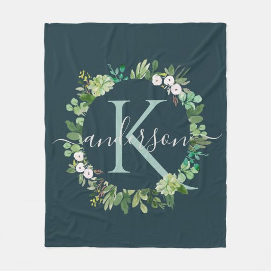 NAVY BLUE GRAY WREATH FOLIAGE WATERVERF MONOGRAM FLEECE DEKEN (Voorkant)