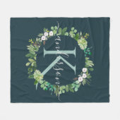 NAVY BLUE GRAY WREATH FOLIAGE WATERVERF MONOGRAM FLEECE DEKEN (Voorkant (Horizontaal))