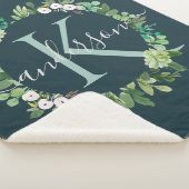 NAVY BLUE GRAY WREATH FOLIAGE WATERVERF MONOGRAM SHERPA DEKEN (3/4)