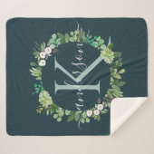 NAVY BLUE GRAY WREATH FOLIAGE WATERVERF MONOGRAM SHERPA DEKEN (Voorkant (horizontaal))