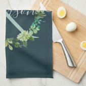NAVY BLUE GRAY WREATH FOLIAGE WATERVERF MONOGRAM THEEDOEK (Quarter Fold)