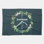 NAVY BLUE GRAY WREATH FOLIAGE WATERVERF MONOGRAM THEEDOEK (Horizontaal)