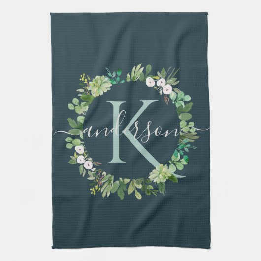 NAVY BLUE GRAY WREATH FOLIAGE WATERVERF MONOGRAM THEEDOEK (Verticaal)