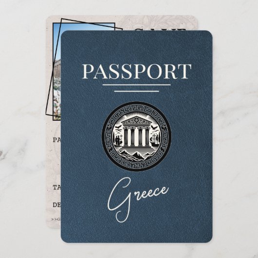 Navy Blue Greece Passport Save the Date Kaart (Voorkant / Achterkant)