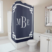 Navy Blue Greek Key Border Monogram Douchegordijn (In situ)