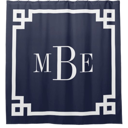 Navy Blue Greek Key Border Monogram Douchegordijn (Voorkant)