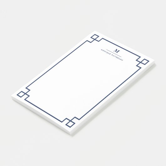 Navy Blue Greek Key Border Monogram gepersonalisee Post-it® Notes (Schuin)