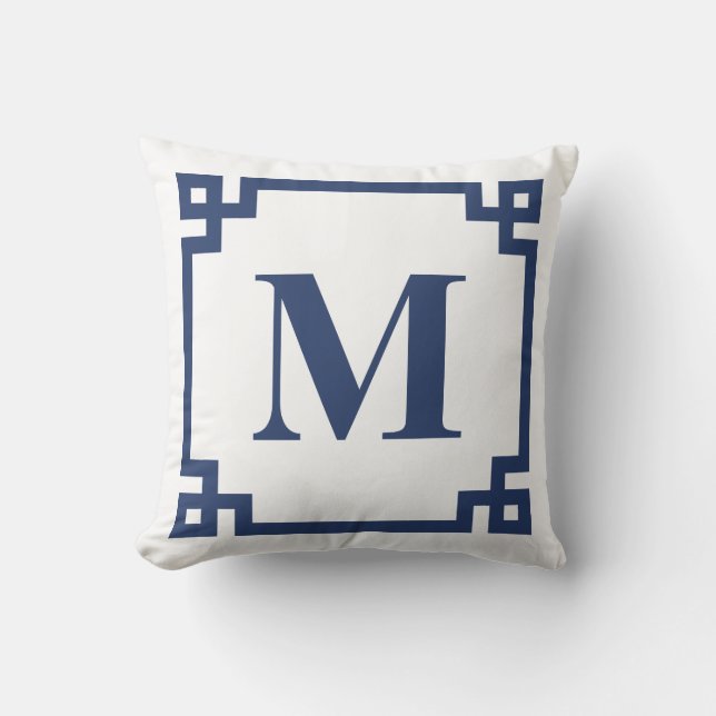 Navy Blue Greek Key Border Monogram Kussen (Voorkant)