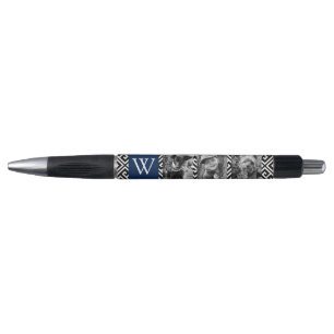 Navy Blue Greek Key en Monogram Photo Collage Pen