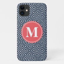 Navy Blue Greek Key Pattern Watermelon Monogram