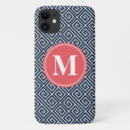 Navy Blue Greek Key Pattern Watermelon Monogram Case-Mate iPhone Case