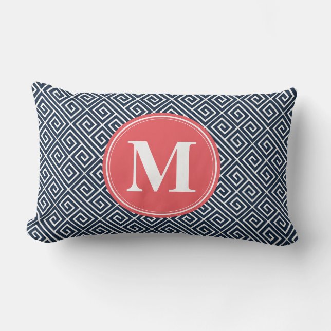 Navy Blue Greek Key Pattern Watermelon Monogram Kussen (Voorkant)