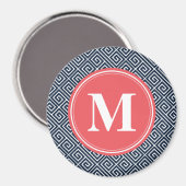 Navy Blue Greek Key Pattern Watermelon Monogram Magneet (Voorkant / Achterkant)